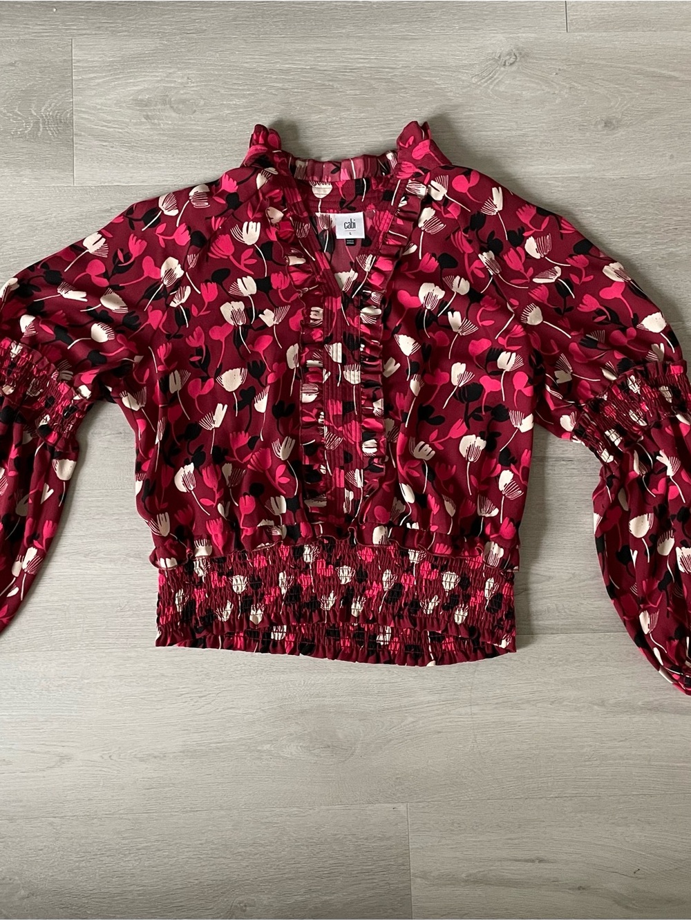 CAbi Burgundy Floral Smocked-Waist Blouse - Picture 7 of 7